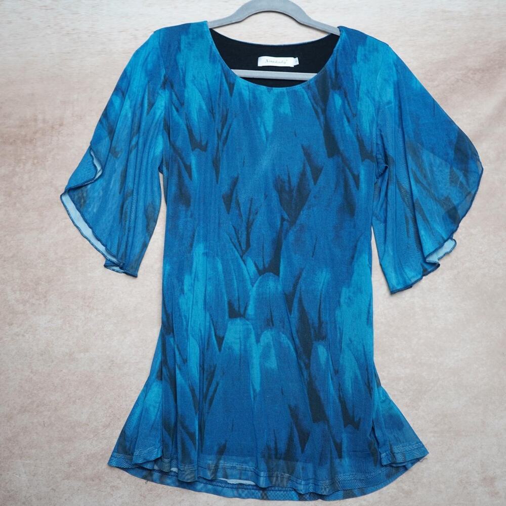Ninedaily Blue Feather Print Boho Tunic L Y2K